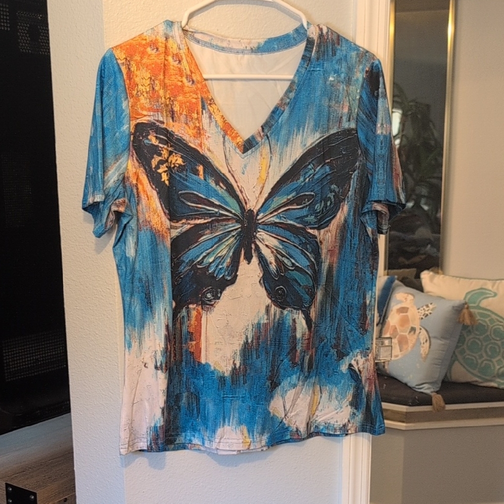 Blue Butterfly V-Neck Women’s Top Never Worn